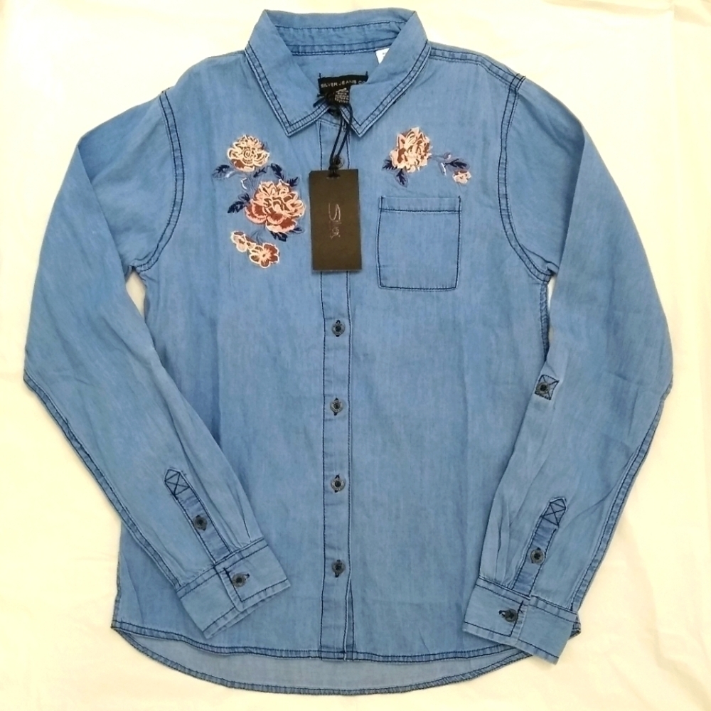 Silver Jeans Kids Denim Shirt Embroidered Flowers Girls L 12–14 NWT